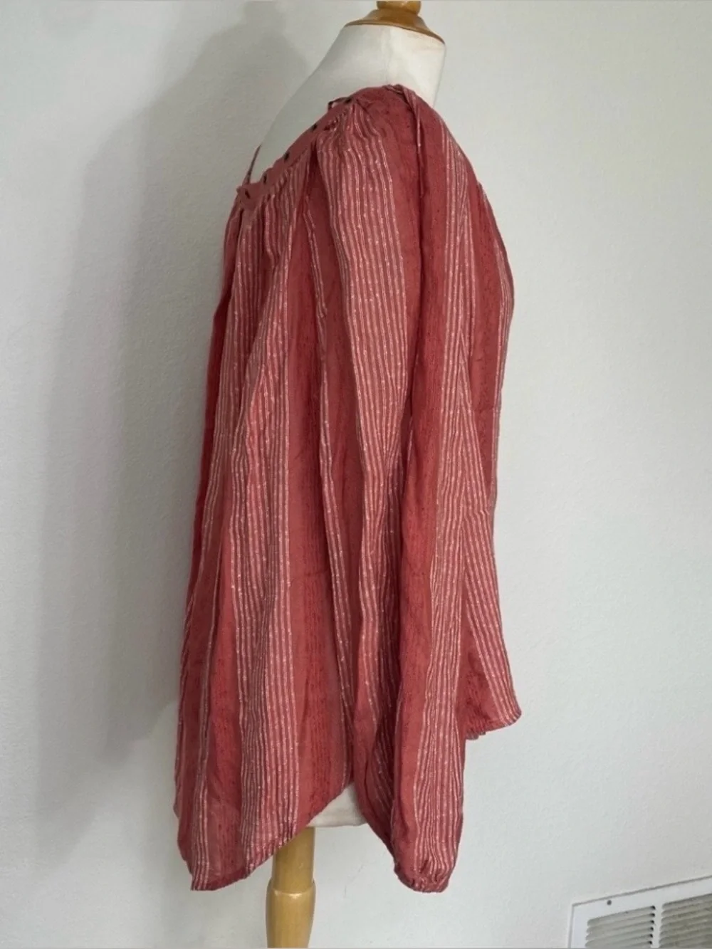 Free People Women Burnt Red Stripe Gauzy Peasant Oversize Blouse Size Large Boho